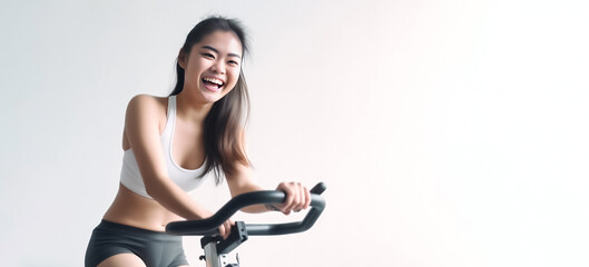 Isolated of Asian woman cycling in dimly lit gym. Ideal for fitness or wellness projects, benefits of indoor cycling showcased against white background.  generative AI