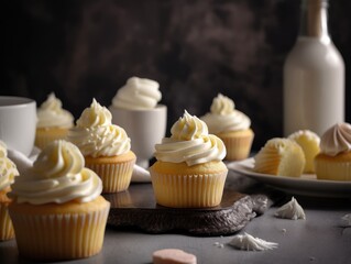 Fototapeta na wymiar Tasty homemade vanilla cupcakes. Generative AI