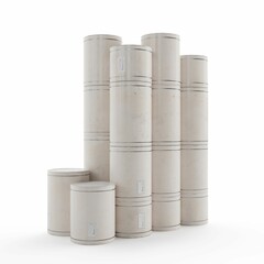A 3D render of a stack of industrial white barrels on a white background