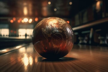 Bowling ball disrupts pins. Generative AI - obrazy, fototapety, plakaty