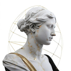 Une sculpture en marbre, statue d'une personne stoïcienne grecque ou romaine, représentant le stoïcisme. Avec de l'or et du noir, kintsugi