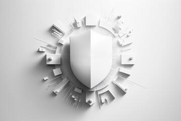 cybersecurity, white shield on white background with copyspace, created with Generative AI