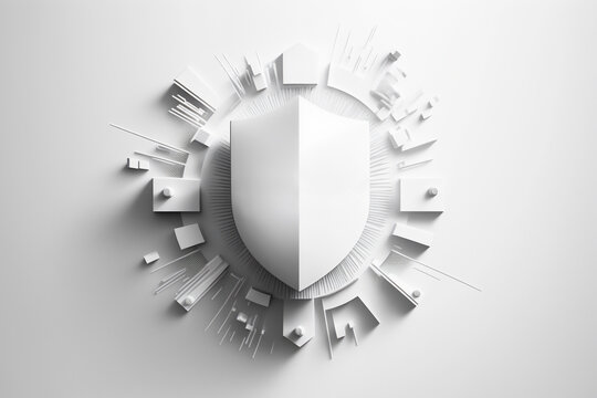 Cybersecurity, White Shield On White Background With Copyspace, Created With Generative AI