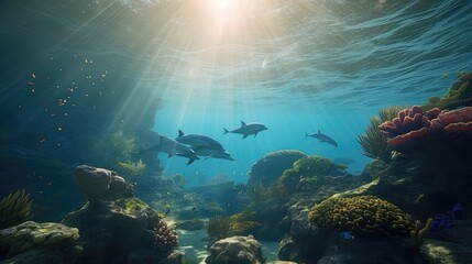 Fototapeta na wymiar Playful Pod: Dolphins in Sunlit Coral Reef 4. Generative AI