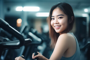 Fototapeta na wymiar Asian woman running on a track machine with the energy and determination of a rigorous workout. for cardiovascular exercise. generative AI