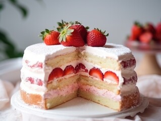 Strawberry sponge cake with fresh strawberries. Generative AI