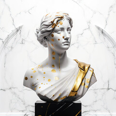 Une sculpture en marbre, statue d'une personne stoïcienne grecque ou romaine, représentant le stoïcisme. Avec de l'or et du noir, kintsugi