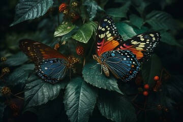 Fototapeta na wymiar Illustrated butterflies posing on a plant with vivid colors. Generative AI