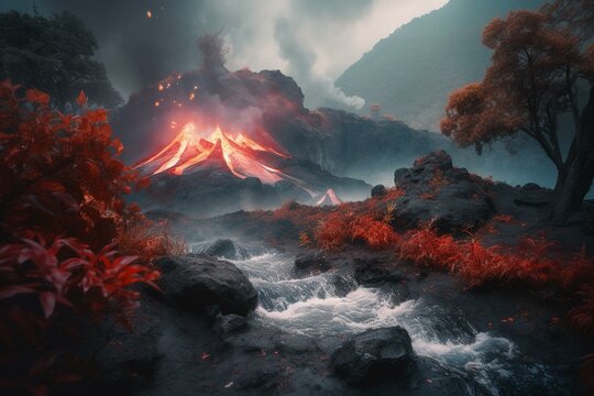Majestic volcano by stream, magical illustration. Generative AI
