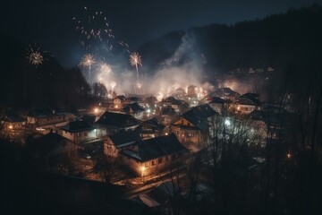 Nighttime fireworks adorn village. Generative AI