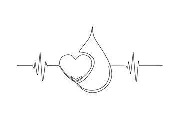 Continuous one line drawing pulse, heart, blood. World blood day concept. Single line draw design vector graphic illustration.