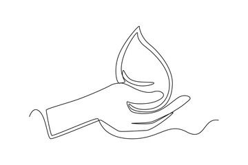 Continuous one line drawing hand holding blood drop. World blood day concept. Single line draw design vector graphic illustration.