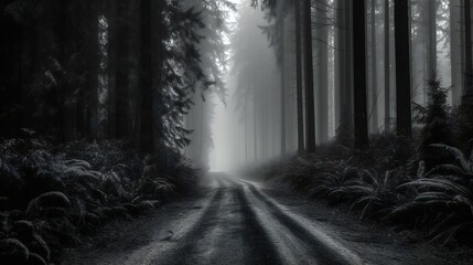 Black and white photo of a climatic road in the middle of a coniferous forest during foggy weather, created using Generative AI technology