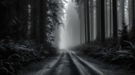 Fototapeta premium Black and white photo of a climatic road in the middle of a coniferous forest during foggy weather, created using Generative AI technology
