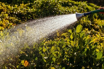 Hose spraying water onto the foliage of the plants