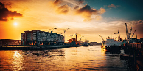 Hamburg port sunset - generative AI