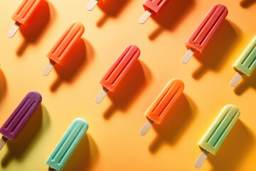 Fruit popsicle ice cream sticks on yellow background, flat lay top view. Minimalistic summer concept. Generative AI