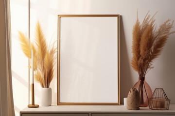 Beautiful Boho Blank Photo Frame Mockup in Neutral Muted Pastel Coloured Room wth Cactus Plants and Pampas Grass