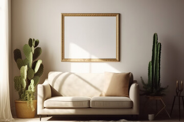 Beautiful Boho Blank Photo Frame Mockup in Neutral Muted Pastel Coloured Room wth Cactus Plants and Pampas Grass
