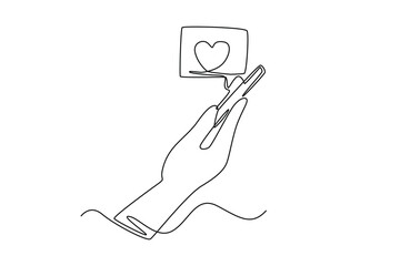 Single one line drawing hand holding smartphone. Social media concept. Continuous line draw design graphic vector illustration.