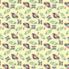 Fototapeta na wymiar Pattern. Watercolor baby illustration. Watercolor baby pattern with ducklings, boots umbrella and ships