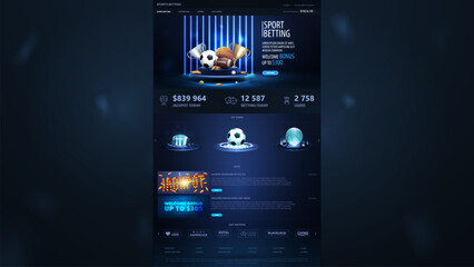Sports betting, dark and blue template of website with web banners and sports elements