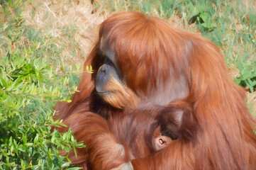 Digital painting of an Orangutan holding a baby