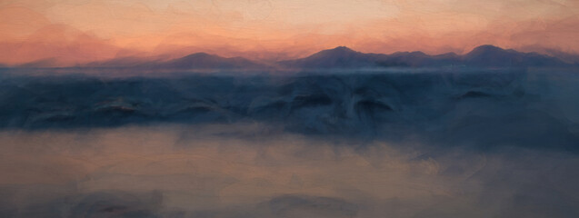 Fototapeta na wymiar Digital painting of the sea at golden hour, as the sun sets behind the mountains.