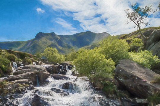 Digital painting of a Llyn idwal a waterfall running down the mountainside at Cwm Idwal located in the Nant Ffrancon Valley.