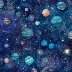 An enchanting, seamless pattern that weaves together a variety of celestial elements such as stars, planets, and constellations in a dreamy composition. - Generative AI, Generative, KI