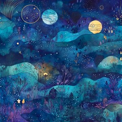 An enchanting, seamless pattern that weaves together a variety of celestial elements such as stars, planets, and constellations in a dreamy composition. - Generative AI, Generative, KI