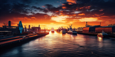 Fototapeta na wymiar Hamburg port sunset - generative AI