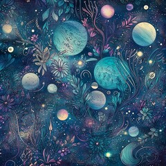 An enchanting, seamless pattern that weaves together a variety of celestial elements such as stars, planets, and constellations in a dreamy composition. - Generative AI, Generative, KI