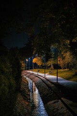 A vertical shot of an empty pathway lit with lights at the park