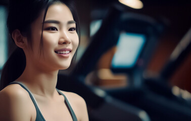 Fototapeta na wymiar a touch of beauty and intensity to your fitness or wellness projects with this close-up of an Beautiful Happy Asian woman exercising in the gym. generative AI