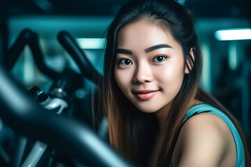Fototapeta na wymiar a touch of beauty and intensity to your fitness or wellness projects with this close-up of an Beautiful Happy Asian woman exercising in the gym. generative AI