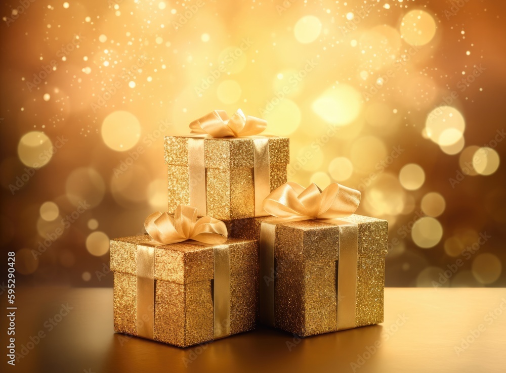 Poster golden gift boxes on abstract background created with generative ai technology