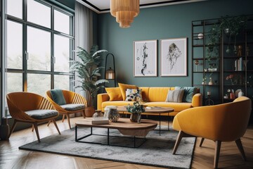 Modern and chic living space with bright accents. Generative AI