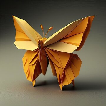 Origami butterfly on a dark blank background. Studio photo created using generative AI tools