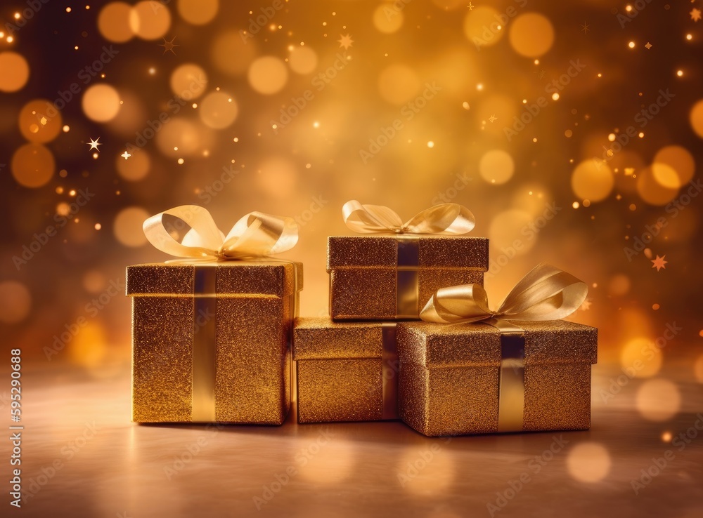Poster golden gift boxes on abstract background created with generative ai technology