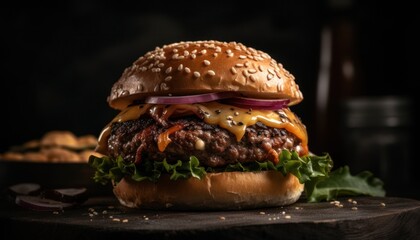 Burgers on a black background. Generative AI