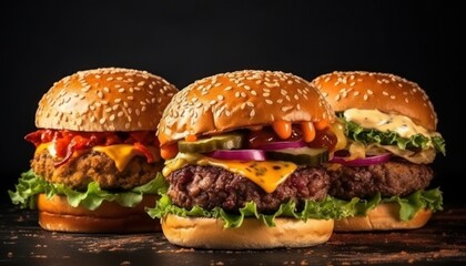 Burgers on a black background. Generative AI