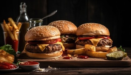 Burgers on a black background. Generative AI