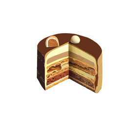 A cartoon cutaway chocolate cake showing the inner layers. Vector illustration