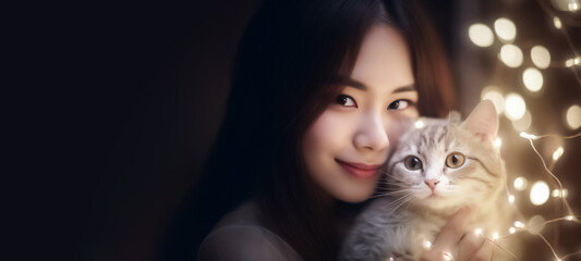 Fototapeta na wymiar Bring a touch of sweetness and joy about a teenage Asian girl playing with a cat. generative AI