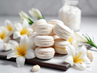 Fototapeta na wymiar Homemade sweet Vanilla macarons. Generative AI
