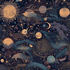A mesmerizing, seamless pattern filled with celestial elements, including stars, planets, and constellations, creating a sense of wonder and exploration. - Generative AI, Generative, KI.