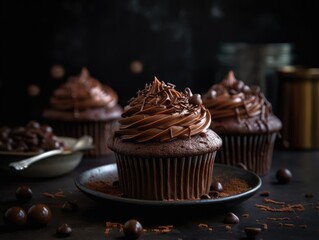 chocolate cupcake on dark wooden background. Generative AI