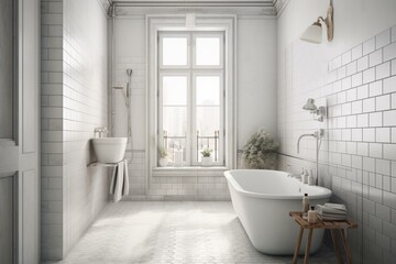 Naklejka na ściany i meble White background tile for bathroom. 3D render. Generative AI
