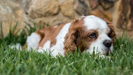 Adorable white and brown Cavalier King Charles Spaniel lying in the grass and relaxing